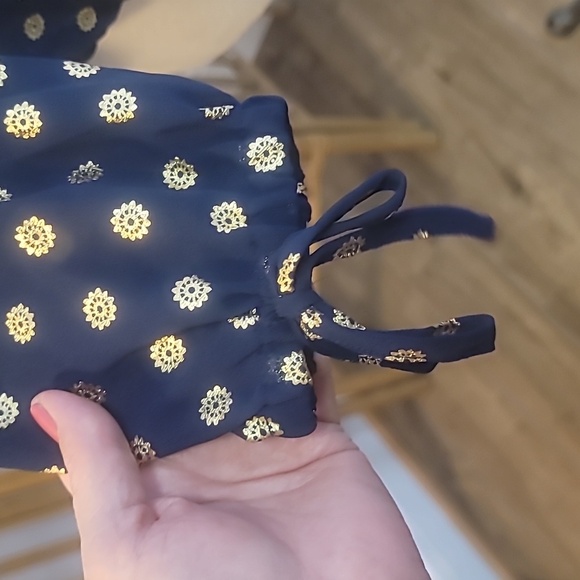 Michael Kors navy blue gold medallion print blouse ruffles bows sz XL sheer - Picture 5 of 10